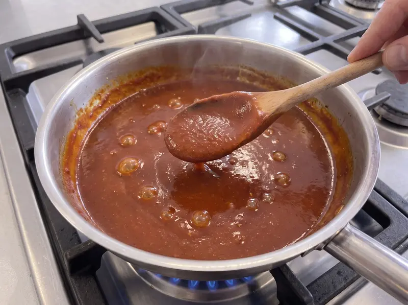 La sauce currywurst épaissie nappe le dos de la cuillère en bois, rouge orangé profond et brillante
