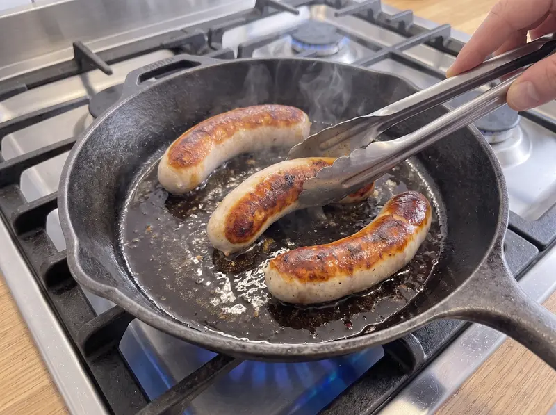 Trois bratwurst dorant dans une poêle en fonte pour la currywurst, une pince en retourne une et montre la croûte dorée