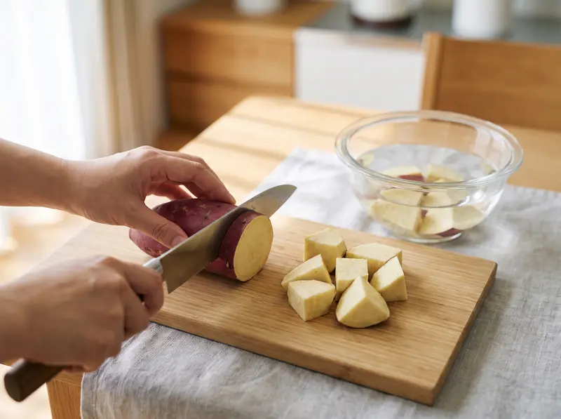 Cutting unpeeled sweet potato into irregular chunks beside a bowl of cold water for daigaku imo