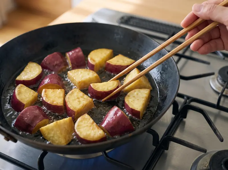 Sweet potato chunks shallow-frying in a thin layer of oil in a frying pan on the stove for daigaku imo