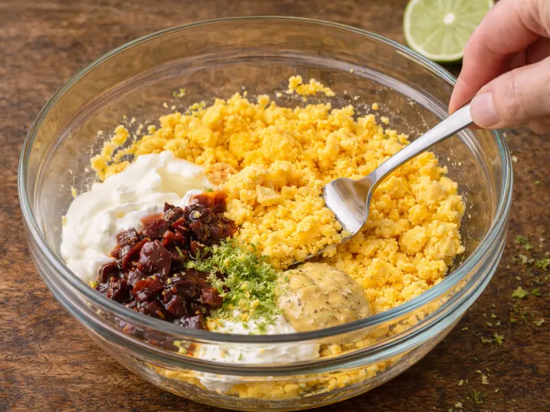 Yolk filling whipped smooth with mayonnaise, chipotle and lime zest