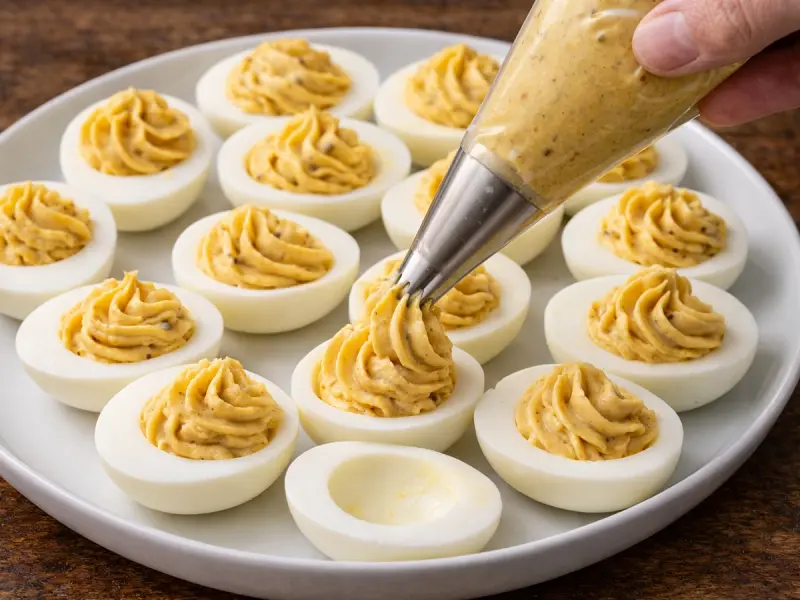Chipotle filling piped in a star swirl above the rim of each egg white