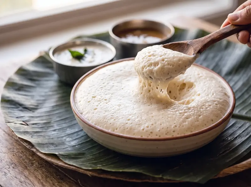 Fermented dosa batter risen and full of bubbles, lifted on a wooden spoon
