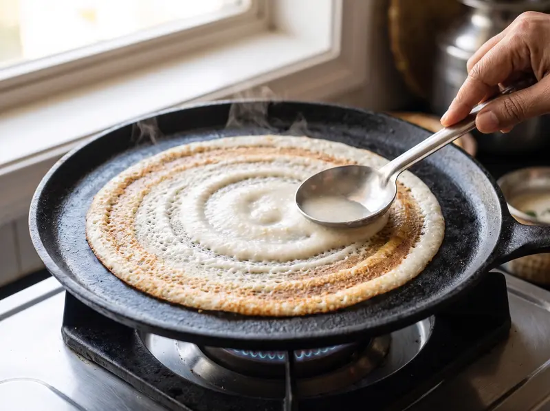 Dosa batter spread in a thin spiral on a hot cast-iron tawa