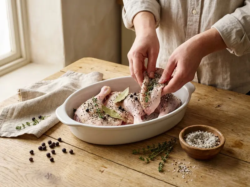 Duck legs rubbed with salt, juniper and thyme cure before the overnight rest