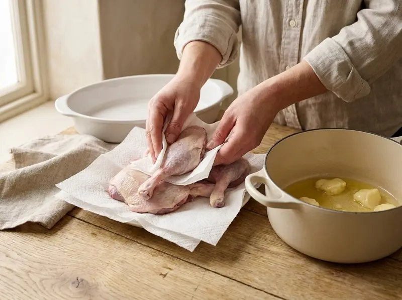 Cured duck legs rinsed and dried beside a pan of melted duck fat
