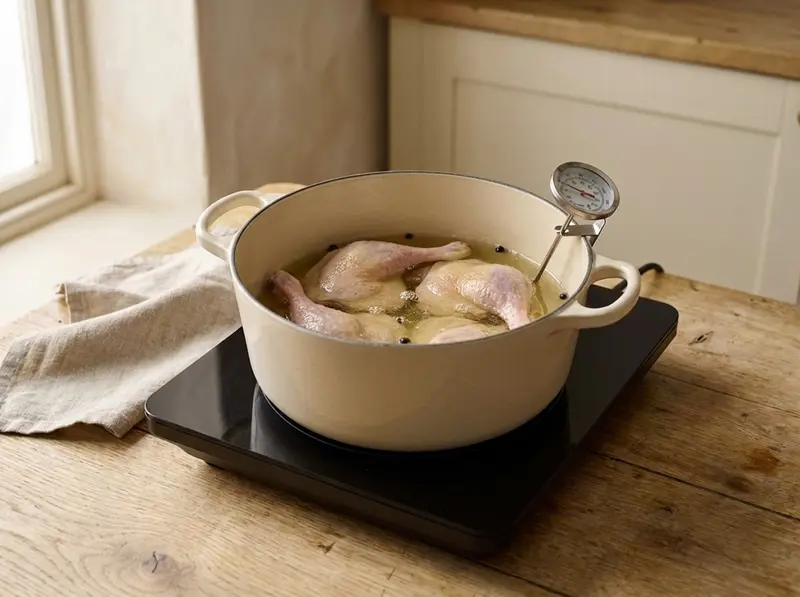 Duck legs submerged in fat at a bare simmer for the confit