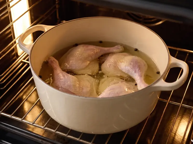 Four duck legs in a cream enamel pot of melted duck fat with peppercorns, set on the oven rack