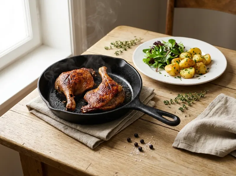 Duck confit leg with crisp lacquered skin after pan-crisping skin-side down