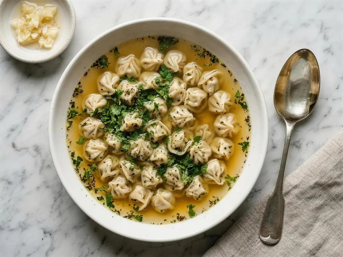 Dushbara with ground lamb, lamb broth and dried mint — Azerbaijan recipe