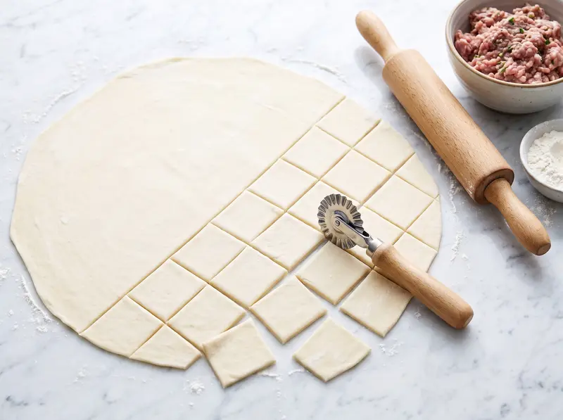 Paper-thin dough cut with a knife into small 2.5 cm squares, a bowl of lamb mince beside it, ready for dushbara