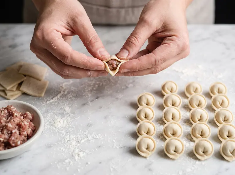 Hands folding tiny dushbara dumplings: a dot of lamb on each square, folded to a triangle with the corners joined