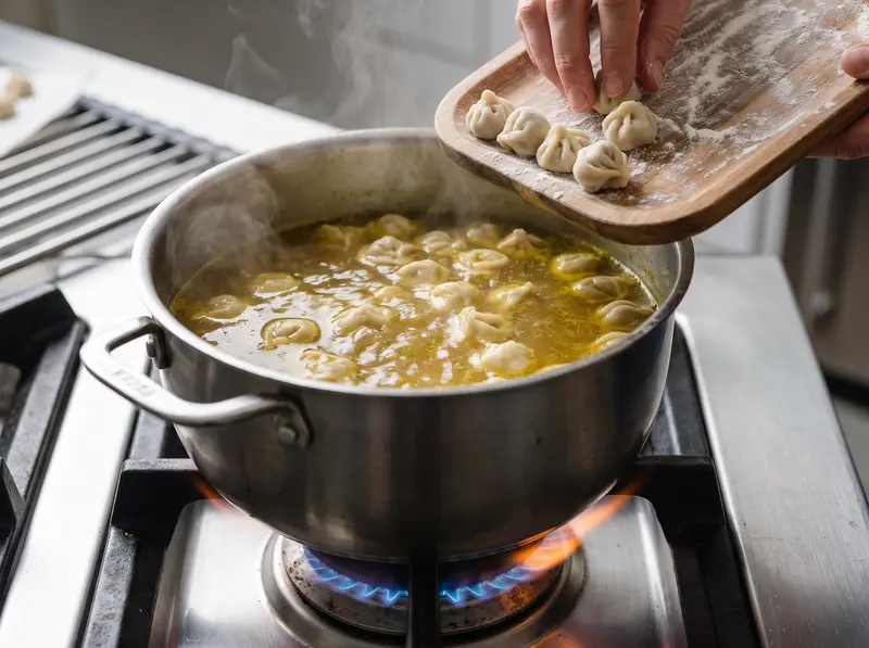 A batch of tiny dushbara dumplings slipping into the boiling broth turned golden by turmeric