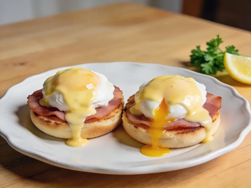 Eggs Benedict with eggs, butter and bacon — USA recipe