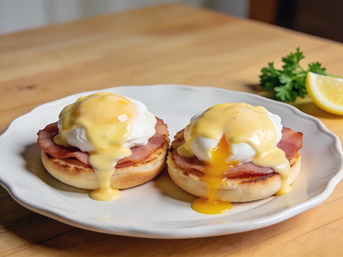 Eggs Benedict with eggs, butter and bacon — USA recipe