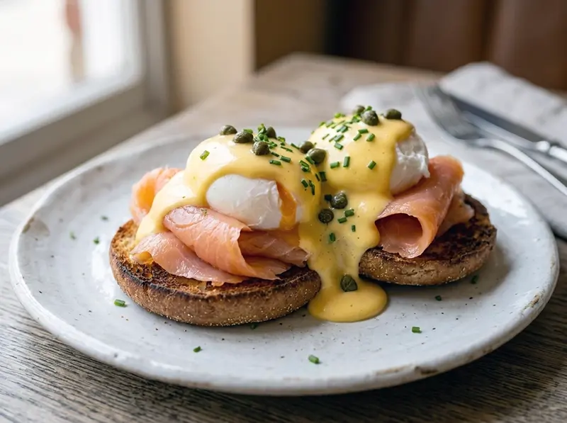 Eggs Royale (Smoked Salmon Benedict) with eggs, smoked salmon and English muffins — UK recipe