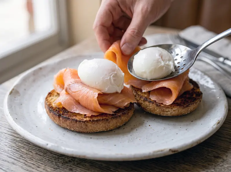 Salmone affumicato e uova in camicia su metà di muffin inglese tostato