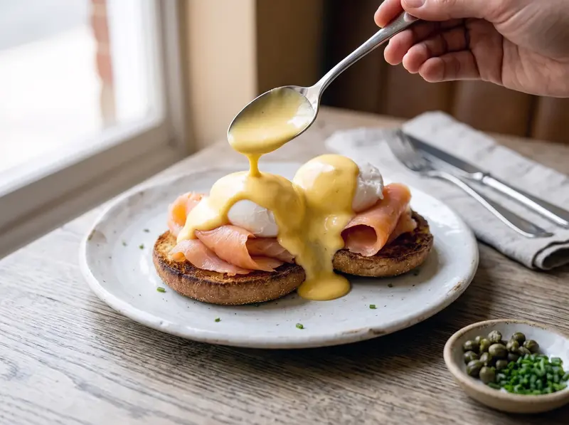Salsa olandese versata su uovo in camicia e salmone per gli eggs royale