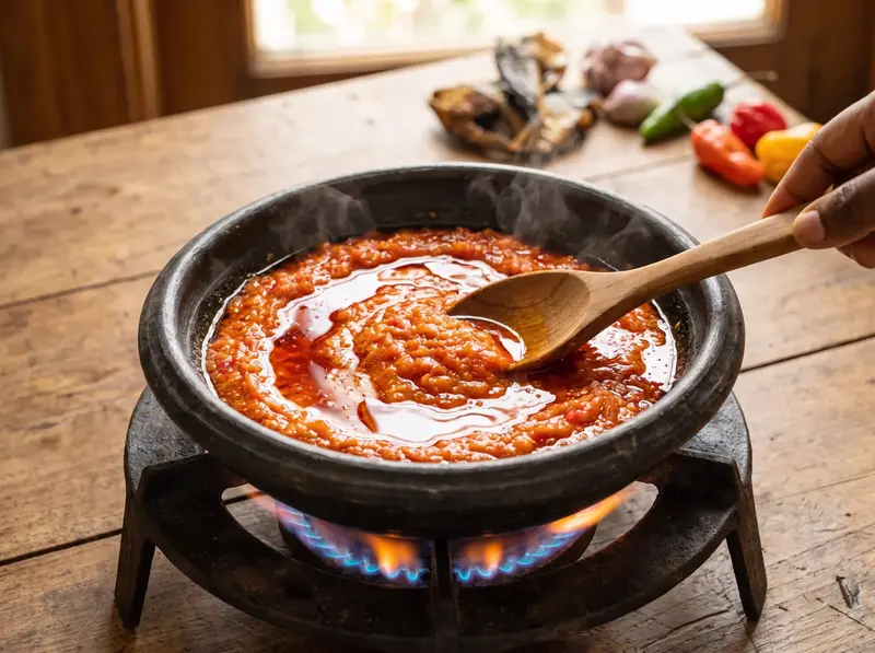 Pepper base for egusi soup fried in palm oil until the oil rises