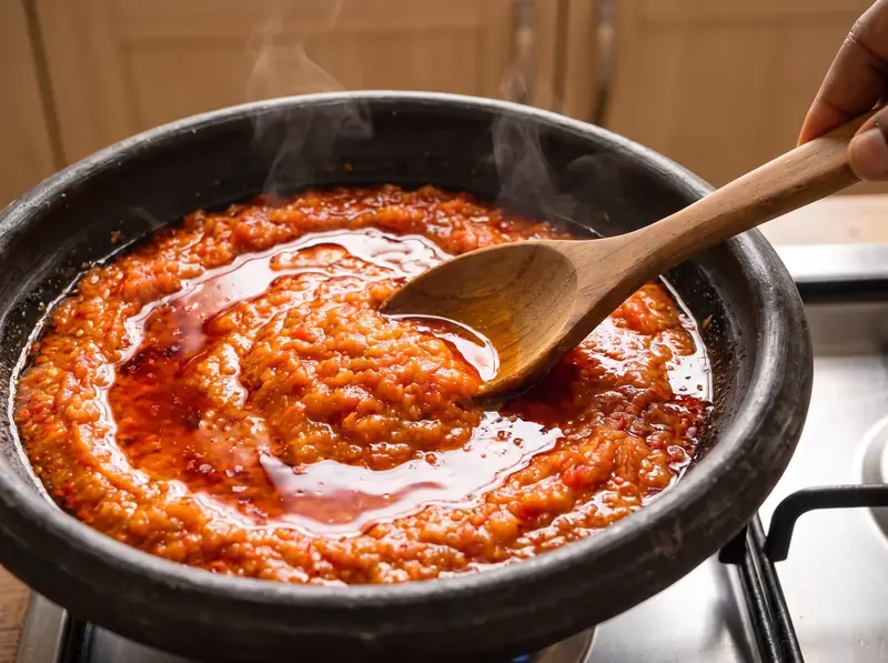Base de pimientos para la sopa de egusi frita en aceite de palma