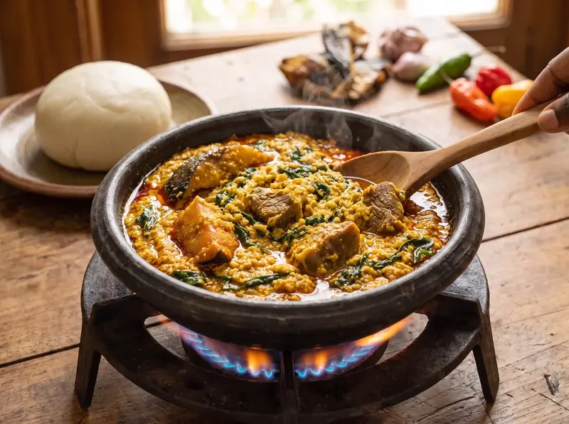 Chopped spinach stirred into egusi soup and cooked just a few minutes