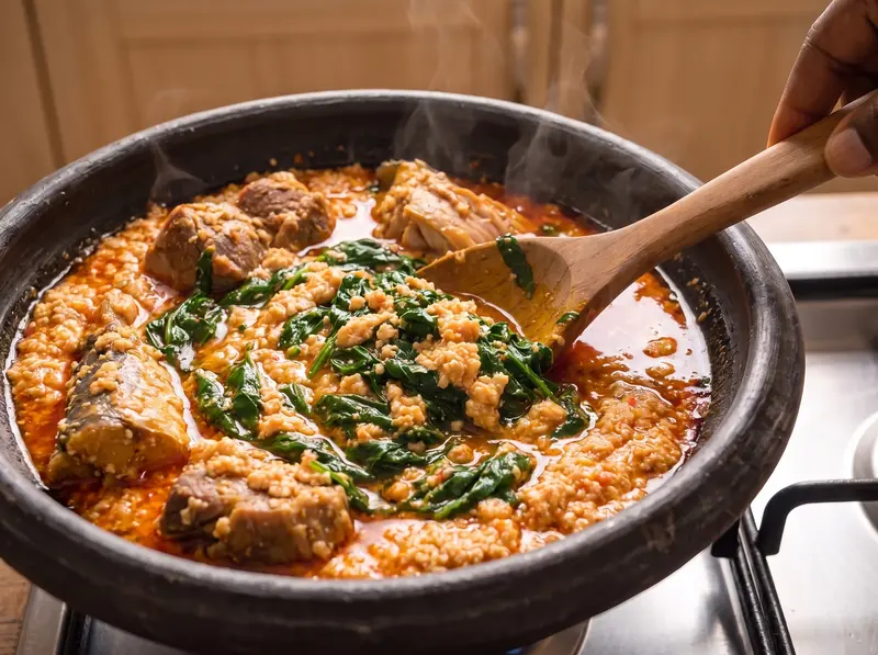 Espinacas picadas incorporadas a la sopa de egusi en los últimos minutos