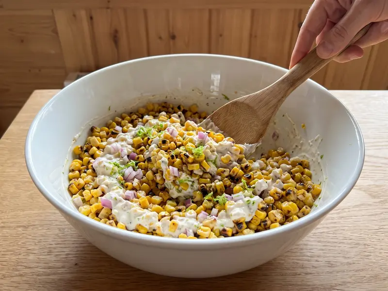 Charred corn folded with creamy dressing, diced red onion and lime zest in a large white bowl with a wooden spoon