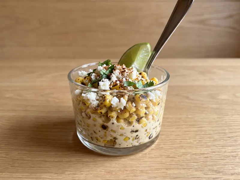 Esquites in a clear cup topped with crumbled cotija, cilantro, chili powder and a lime wedge, a spoon in it