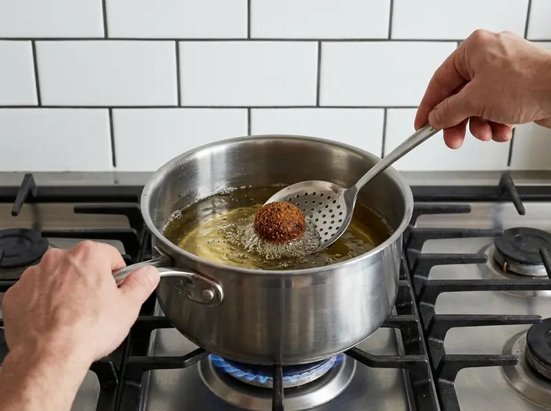 Una pallina di falafel di prova che frigge nell'olio caldo in un pentolino profondo d'acciaio, girata con la schiumarola