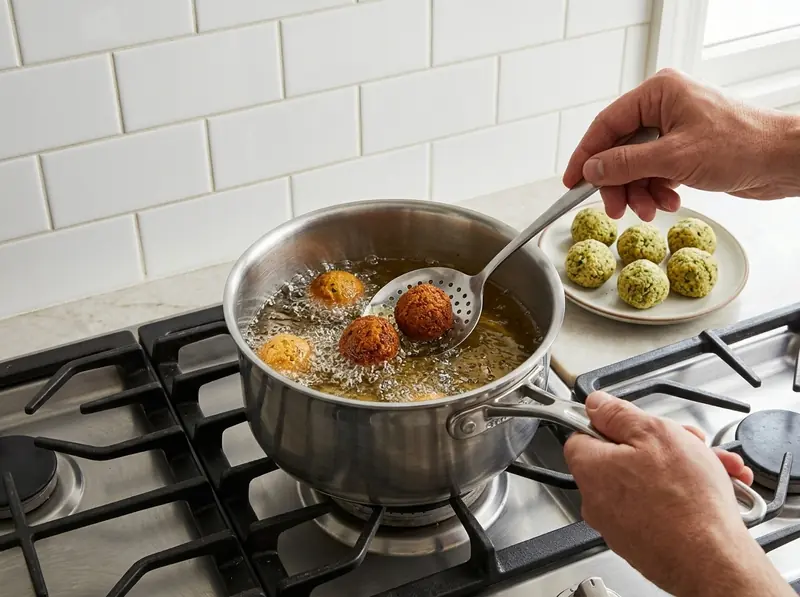 Palline di falafel che friggono in olio bollente in un pentolino d'acciaio, girate con la schiumarola; crude nel piatto