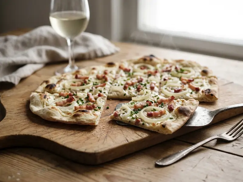 Flammkuchen (German Tarte Flambée) with flour, sour cream and onion — Germany recipe