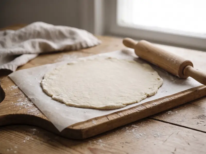 Flammkuchen dough rolled paper-thin on baking paper, the rolling pin and floured board beside it