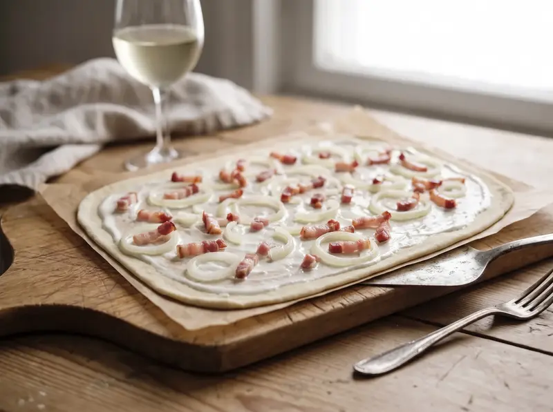Raw Flammkuchen spread with soured cream and scattered with onion rings and bacon, rim left bare