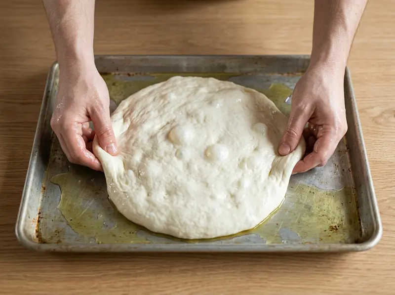 Focaccia: oiled hands stretch smooth, puffy raw dough toward the corners of a metal baking tray on an oak table