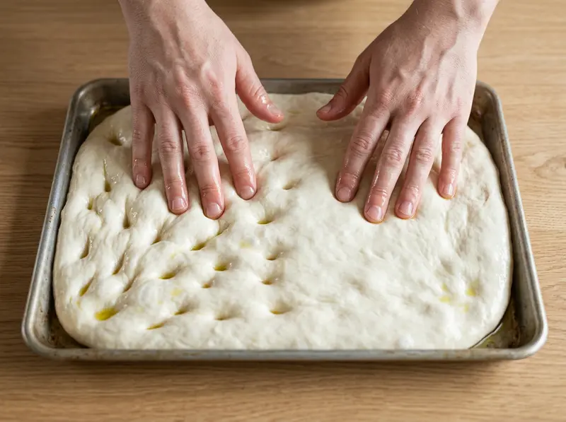 Focaccia: the fingers of both hands press dimples into oiled raw dough in a metal baking tray on an oak table
