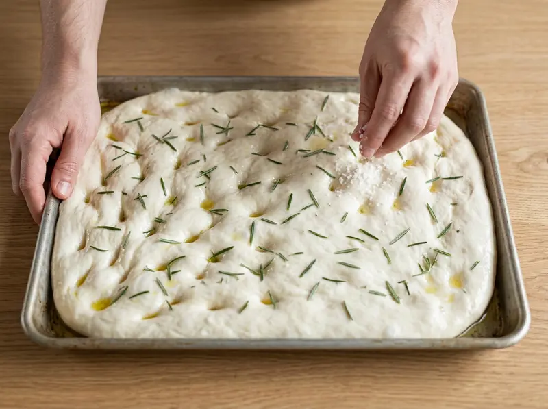 Focaccia: fingers sprinkle flaky salt over dimpled raw dough scattered with rosemary in a metal baking tray