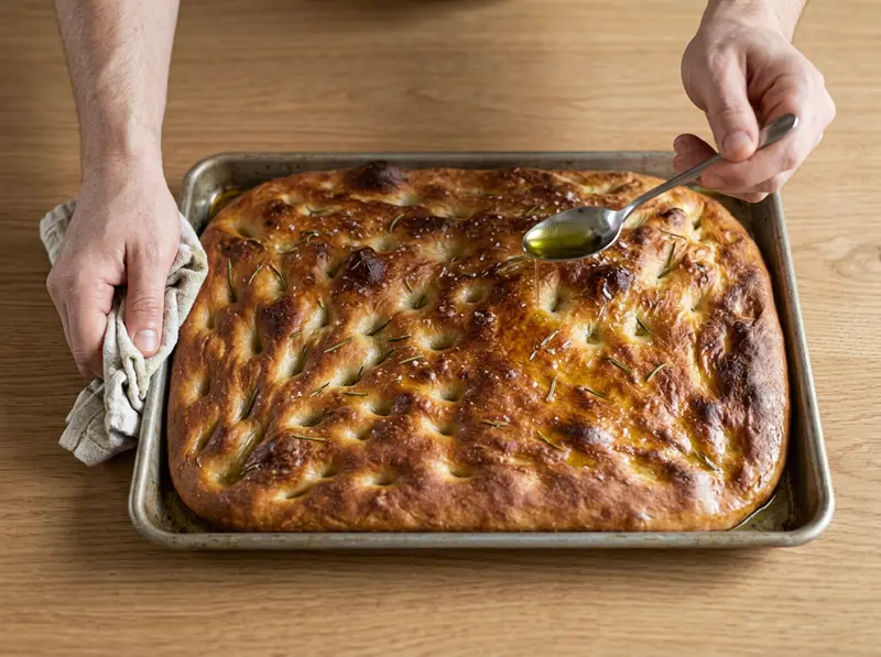 Focaccia: a spoon drizzles olive oil over deep golden baked focaccia in a metal tray, a towel holds the hot edge