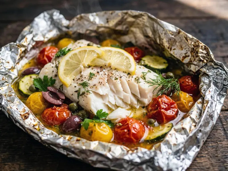 Foil Packet Fish with white fish fillets, cherry tomatoes and olive oil — USA recipe