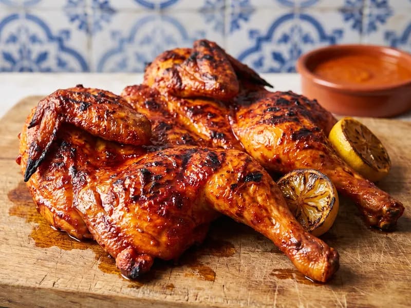 Frango piri-piri (pollo portoghese alla griglia): pollo intero, peperoncini piri piri, limone — Portogallo · ricetta