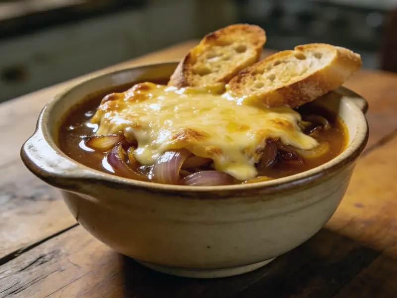 French Onion Soup with onion, butter and beef broth — France recipe