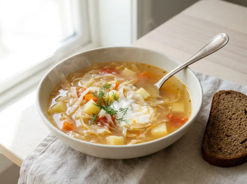Fresh Cabbage Shchi with beef, white cabbage and potatoes — Russia recipe