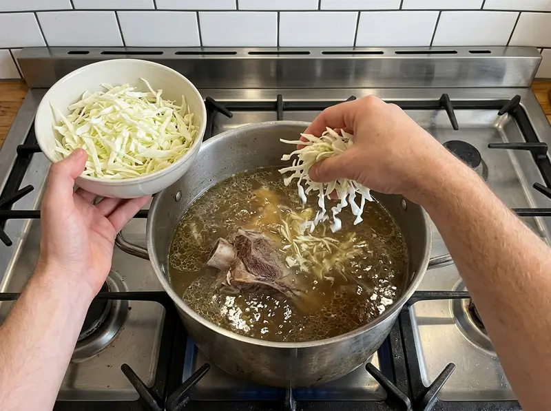 Fresh cabbage shchi: a hand drops shredded white cabbage into clear beef broth with a bone-in piece of beef