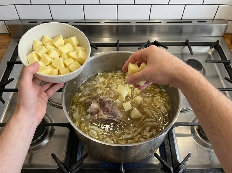 Schtschi aus frischem Kohl: Eine Hand gibt Kartoffelwürfel in Brühe mit Kohl und Rindfleisch, oben eine Schüssel Kartoffeln