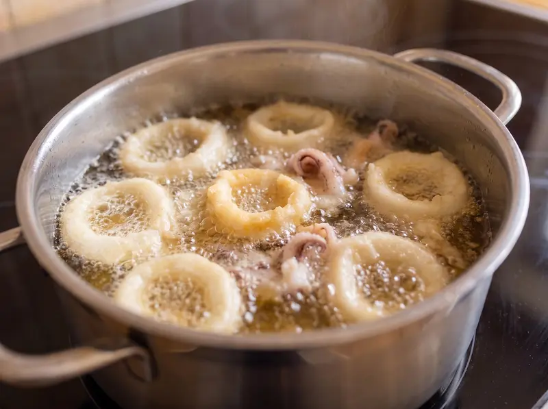 Calamari fritti: floured squid rings bubbling in deep hot oil in a stainless pot on an induction stove