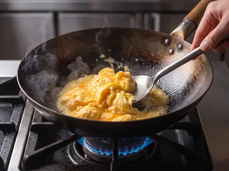 Uova sbattute che rapprendono in fiocchi morbidi nel wok d'acciaio a fiamma viva, la spatola le raccoglie per il riso fritto