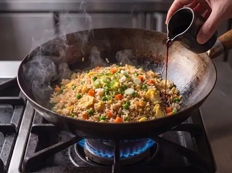Salsa di soia versata lungo il bordo rovente del wok sul riso fritto pronto con uovo, piselli e cipollotto