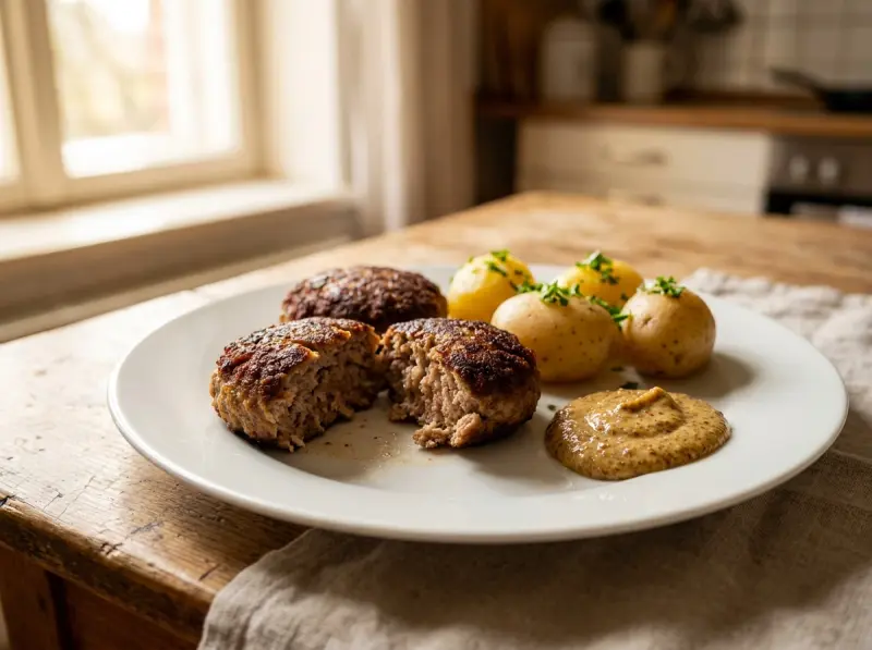 Frikadellen (German Pan-Fried Meat Patties) with minced pork and beef, bread roll and onion — Germany recipe