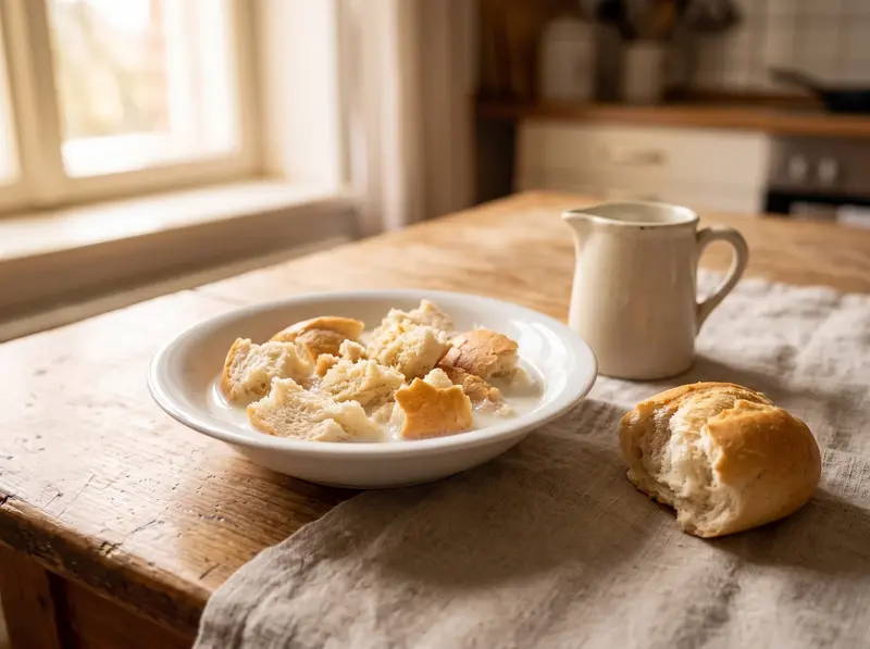 A day-old bread roll for Frikadellen torn into chunks and soaking in milk in a white bowl