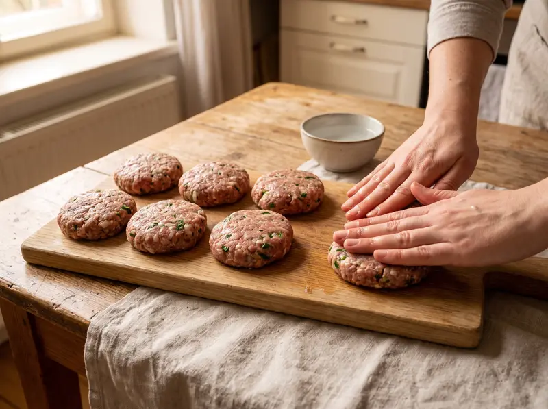 Frikadellen shaped flat with wet hands on a board, eight discs about two centimetres thick