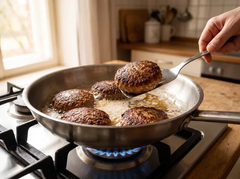 Frikadellen frying in foaming butter in a wide pan, one lifted on a spatula to show the browned crust